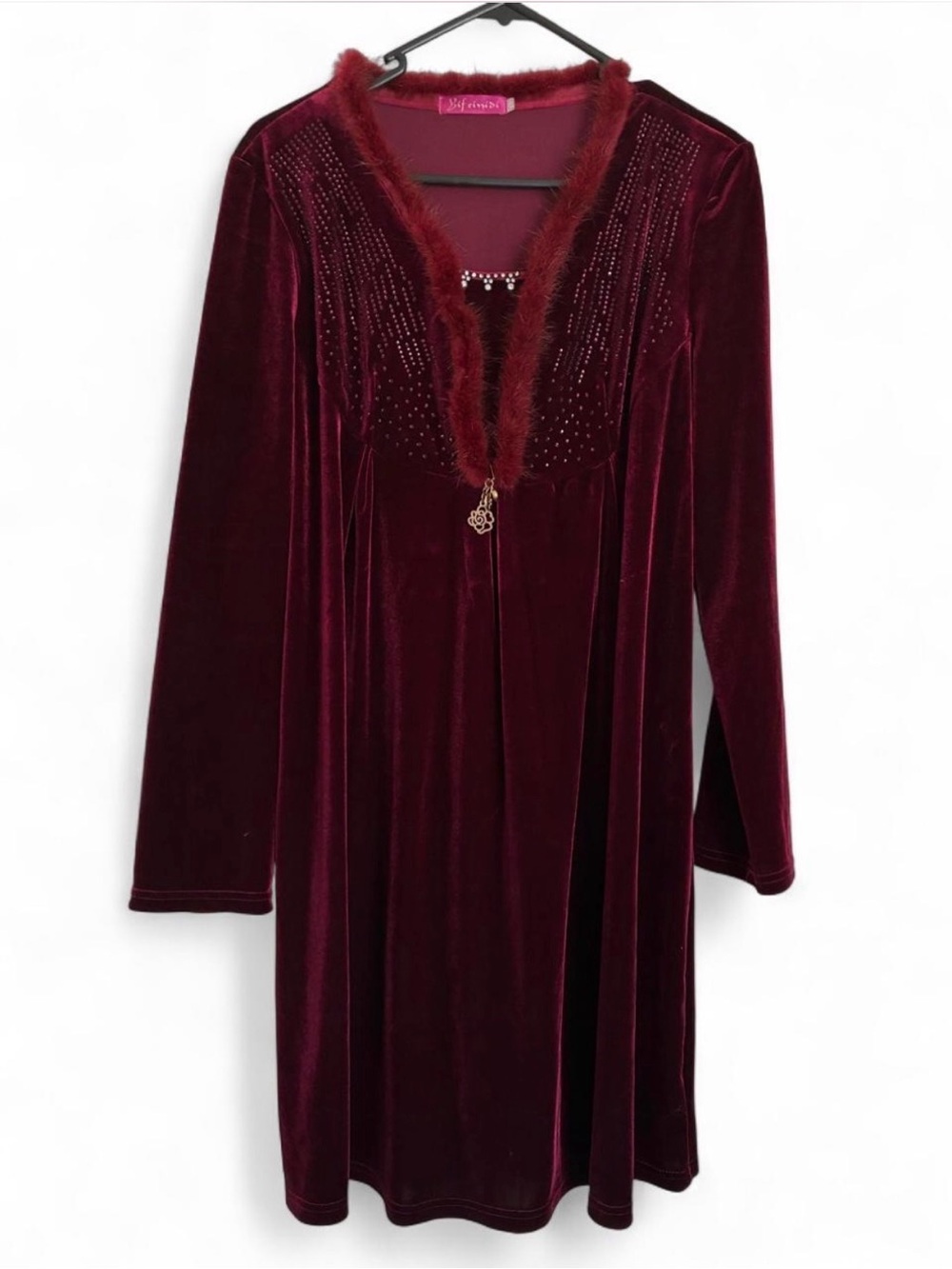 Velvet Long Sleeve Vintage Dress with Mink Fur Trim - Burgundy - M/ L
